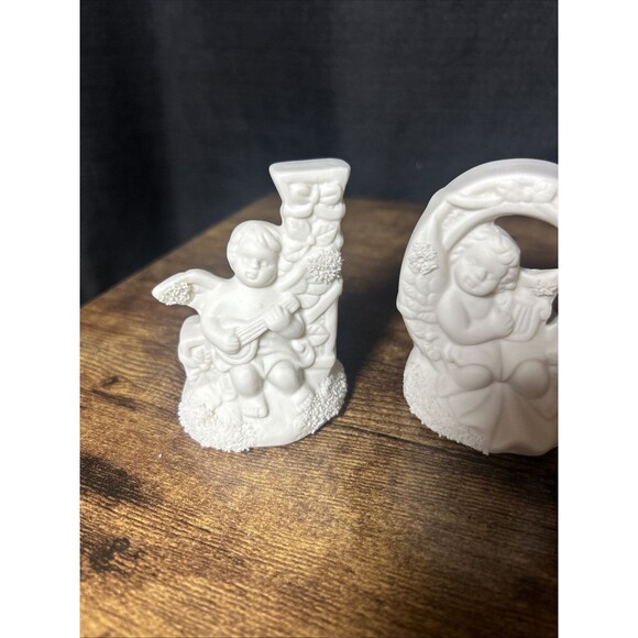 Christmas JOY Candle Holder Trio, Ceramic Bisque Cherub Angels Candleholder Set - Picture 4 of 15